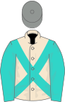 Champagne, turquoise cross-belts and sleeves, grey cap