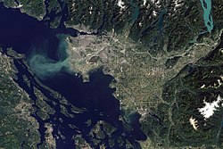 Landsat image of the Fraser Lowland, which stretches from Chilliwack in the northeast to the Strait of Georgia in the southwest. Sediment deposited by the Fraser River is clearly visible.