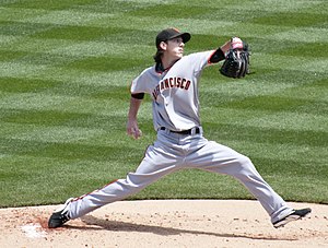 Tim Lincecum delivering a pitch from the mound for the San Francisco Giants