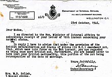 Photograph of a 1946 letter informing that New Zealand's Nationality Law has changed.