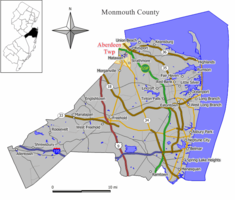 Location of Aberdeen Township in Monmouth County highlighted in yellow (right). Inset map: Location of Monmouth County in New Jersey highlighted in black (left).