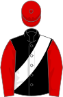 Black, white sash, red sleeves and cap