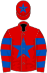 Red, royal blue star, hooped sleeves, star on cap