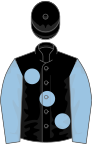 Black, large light blue spots and sleeves