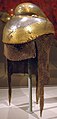 Image 13Sikh warrior helmet with butted mail neckguard, 1820–1840, iron overlaid with gold with mail neckguard of iron and brass (from Sikh Empire)