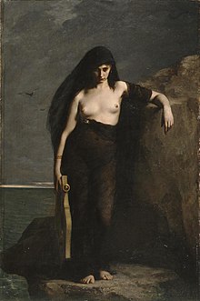 Painting of a woman dressed in dark robes, with her breasts bare. She holds a lyre in one hand and stands on a rock over the sea.