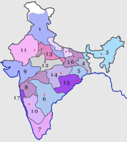 Numbered, colour-coded map of Indian Railways zones
