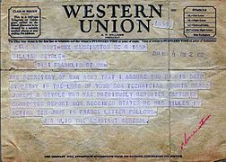 The US War Department telegram sent to Beyrle's family, incorrectly telling them of his death, September 1944
