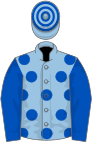 Light blue, royal blue spots and sleeves, hooped cap