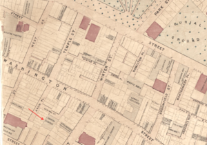 Detail of 1869 map of Boston, showing Theatre Comique on Central Court, off Washington Street