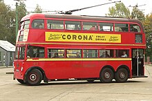 Red double-deck trolleybus.