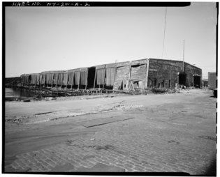 One of seven covered piers at Bush Terminal, seen in a dilapidated state some time after the mid-1980s