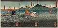 Kajiwara Kagesue, Sasaki Takatsuna, and Hatakeyama Shigetada racing to cross the Uji River before the second battle of Uji, by Utagawa Kuniyoshi.