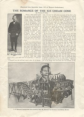 Page 1 of a September 1917 article in Western Confectioner, describing Frederick Bruckman's "Real Cake Ice Cream Cone Machine"