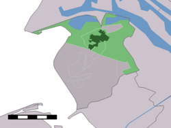 The town centre (dark green) and the statistical district (light green) of Oostvoorne in the former municipality of Westvoorne.