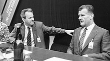 Slobodan Milošević talking to Ivan Stambolić during the May 1986 session of the Central Committee of the League of Communists of Serbia
