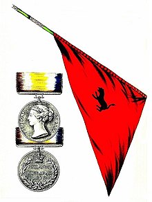Engraving of the Beloochee Standard captured at the Battle of Meeanee in 1843; and of the Silver Medal conferred on the Officers and Men engaged in the Battles of Meeanee and Hyderabad