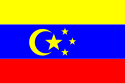 Flag with yellow, blue and red horizontal stripes and yellow crescent with stars