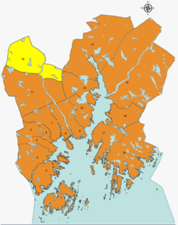 Map of Kristiansand with Mosby district highlighted in yellow