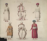 Coloured engraving of the judges and officers of Hindu (top row) and Muslim (bottom row) law in the Recorder Court in Bombay, 1805.