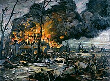 Building on left with orange flames and a plume stretching to the right top corner. There are leafless trees and soldiers can be seen looking on the lower left of the picture.