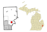 Map of Macomb County highlighting City of Mount Clemens (County seat) in red.