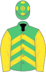 Emerald green and yellow chevrons, yellow sleeves, emGreen cap, yellow spots