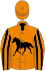 Orange, black horse, orange sleeves, black stripes, orange cap,