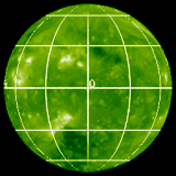 Nearly the entire surface of the Sun, taken in extreme ultraviolet at 19.5 nm, with white lines showing solar coordinates (0° is directly towards Earth) February 10, 2011