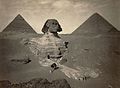 Image 16 Great Sphinx of Giza Photo: Maison Bonfils; Restoration: Lise Broer A late nineteenth century photo of the partially excavated Great Sphinx of Giza, with the Pyramid of Khafre (left) and the Great Pyramid of Giza (right) behind it. The Sphinx is the oldest known monumental sculpture, and is commonly believed to have been built by ancient Egyptians of the Old Kingdom in the reign of the pharaoh Khafra. More featured pictures