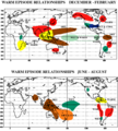 During warm ENSO episodes the normal patterns of tropical precipitation and atmospheric circulation become disrupted.