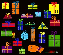 Advent calendar with presents as flaps, randomly arranged