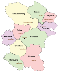 Location of Bahar County in Hamadan province (center, pink)