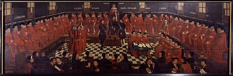 Assembly of forty four gentlemen dressed in scarlet red in the Parliament of Mechelen, with Charles the Bold sitting in the centre, presiding the event