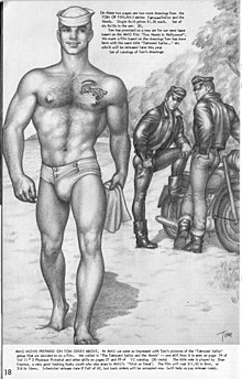 A comic panel of a sailor in a pair of swimming briefs. He is looking over his shoulder at two leathermen bikers, who are returning his gaze.