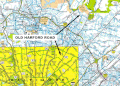 Recent highway map of northeast Baltimore City (yellow) and Baltimore County (white), showing present-day Old Harford Road. County-maintained highways, blue; state-maintained highways, black and yellow. (Sheet map, Baltimore County, Maryland State Highway Administration)