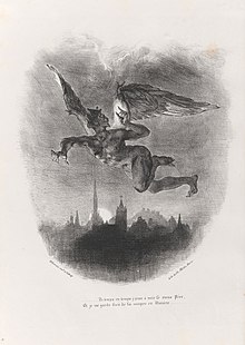 Image shows an 1828 lithograph by Eugène Delacroix, showing the German demon Mephistopheles flying over Wittenberg.