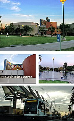 Images, from top and left to right: East LA Public Library, Civic Center Park, Atlantic E Line Station