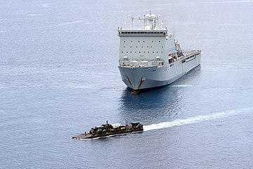 Mexeflote transporting disaster relief teams ashore from RFA Lyme Bay