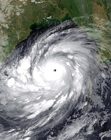 Cyclone Phailin on October 10. The cyclone is off the coast of eastern India, and is very large. The Andaman and Nicobar Islands can be seen to the right of Phailin. It has a very distinct and clear eye at its center.