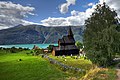 Stave Church at Ornes, looking across the fjord
