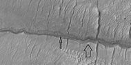 Close view of gully channels, as seen by HiRISE under HiWish program Arrows point to small channel within larger channels.