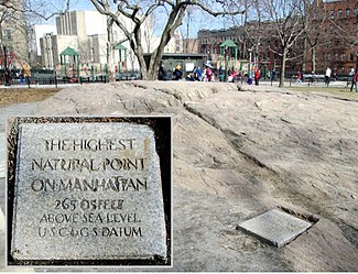 The highest point on Manhattan is in Bennett Park; the inset shows the marker seen on the lower right of the larger image