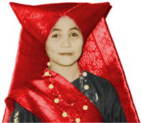 A woman wears a Minang tengkuluk tanduk horned head-dress.