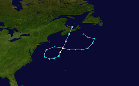 Storm track beginning southeast of Canada as an extratropical storm, moving westward toward New England, becoming tropical as it looped to the northeast, and later dissipating over Prince Edward Island