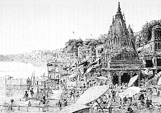 An illustration (1890) of a bathing ghat in Varanasi