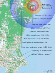 ☎∈ Fukushima I and II nuclear accidents overview map showing evacuation and other zone progression and selected radiation levels. (Uses gradients and more complex shapes.)]]