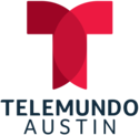 The Telemundo network logo, two red shapes forming a symmetrical letter T, above the words "Telemundo" and "Austin" in an off-black color on two separate lines.