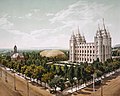 Image 8 Temple Square Photo: William Henry Jackson; restoration: Tom dl and Mmxx An 1899 photochrom showing Temple Square, a 10-acre (4.0 ha) complex located in the center of Salt Lake City, Utah, US. The location is owned by and serves as headquarters of the Church of Jesus Christ of Latter-day Saints and was selected by Church president Brigham Young in 1846. Temple Square is home to several buildings; depicted here are the Salt Lake Temple, Salt Lake Tabernacle and Salt Lake Assembly Hall. More featured pictures