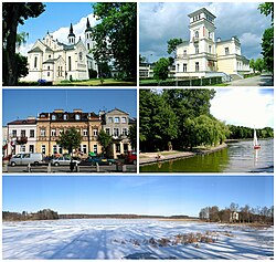 Top left: Augustów Basilica of Jesus in Skorupki; top right: former Water Management Authority's office (Budynek Zarządu Wodnego); middle left: ancient house in Augustów Market Square; middle right: Netta Nature Park and Augustów Canal; bottom: icy season in Studzieniczne Lake